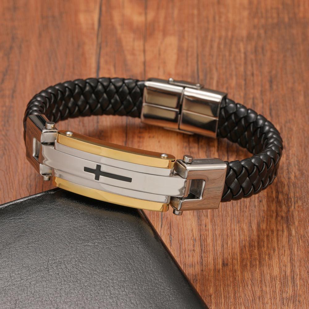 Pulseira Masculina de Couro Cruz Central - RAFINATO