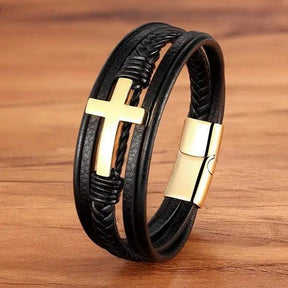 Pulseira Masculina de Couro Cruz da Fé - RAFINATO