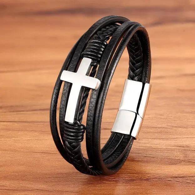 Pulseira Masculina de Couro Cruz da Fé - RAFINATO